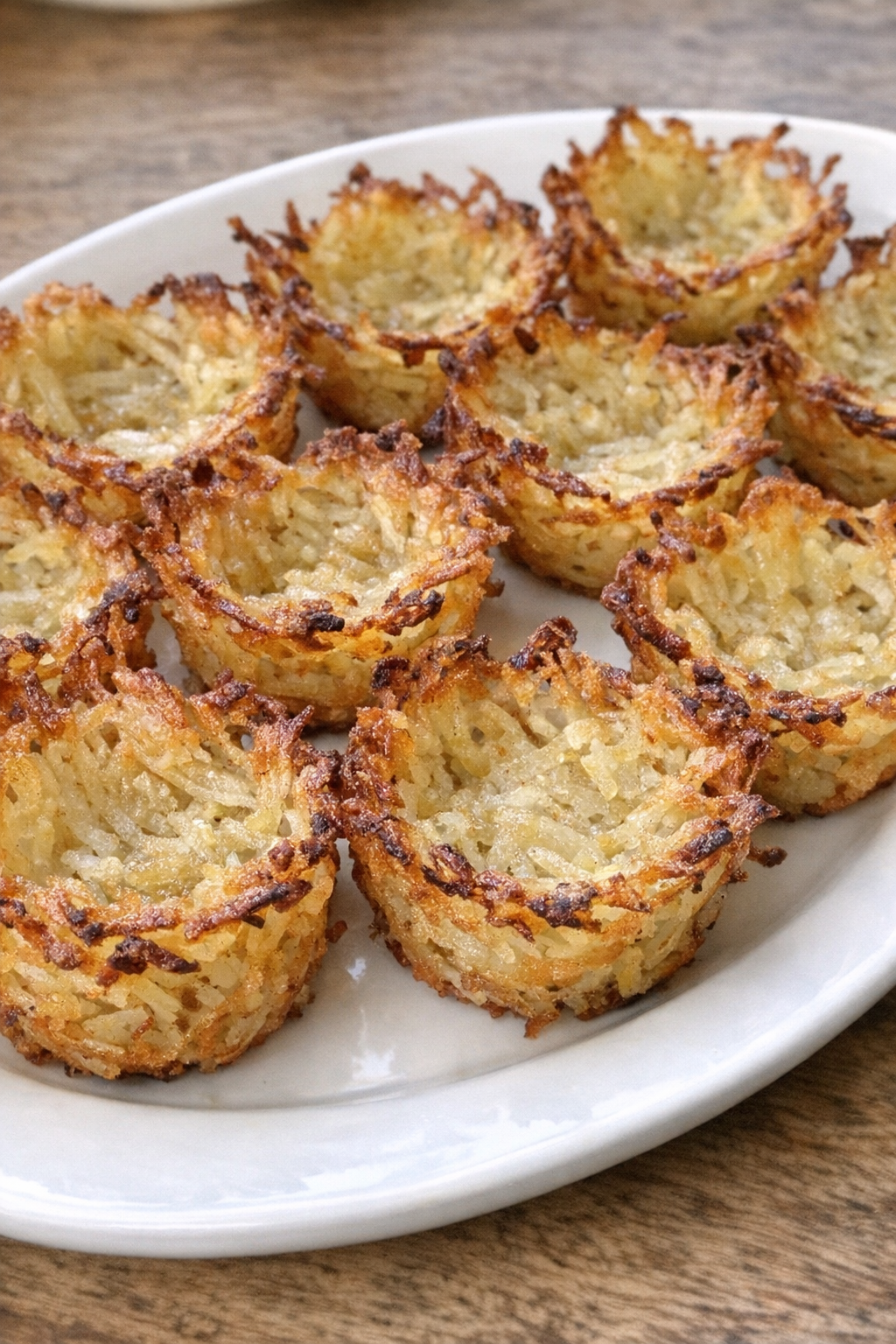 Golden potato lace baskets arranged on a white oval platter