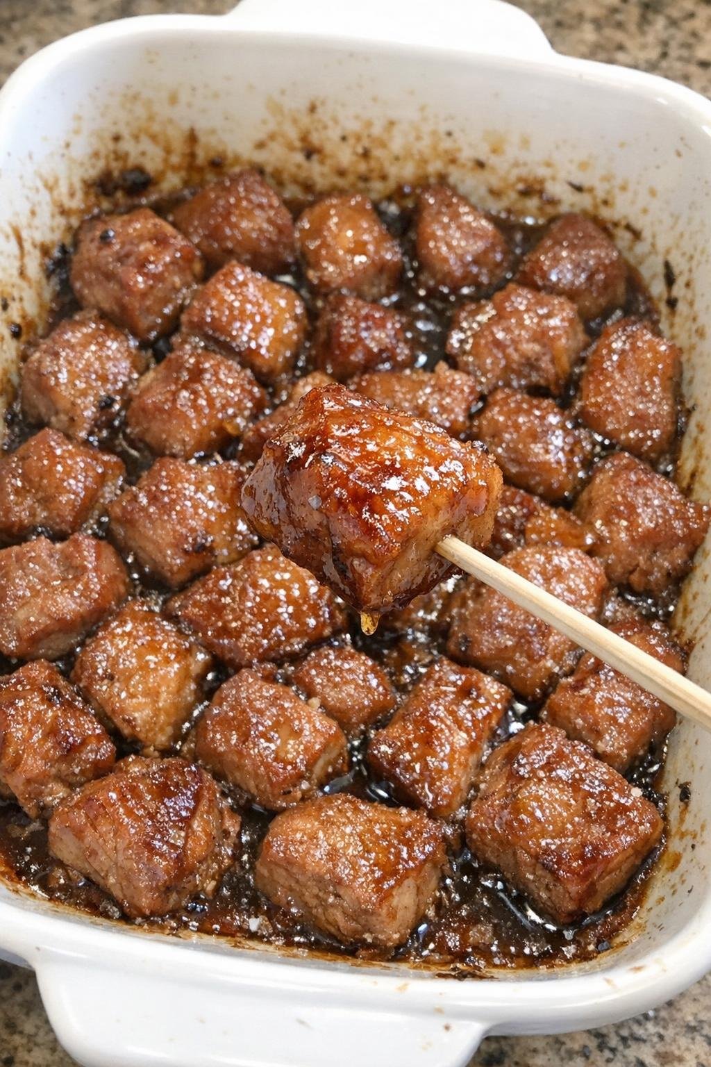 3-ingredient pork sterling bites in a white casserole dish