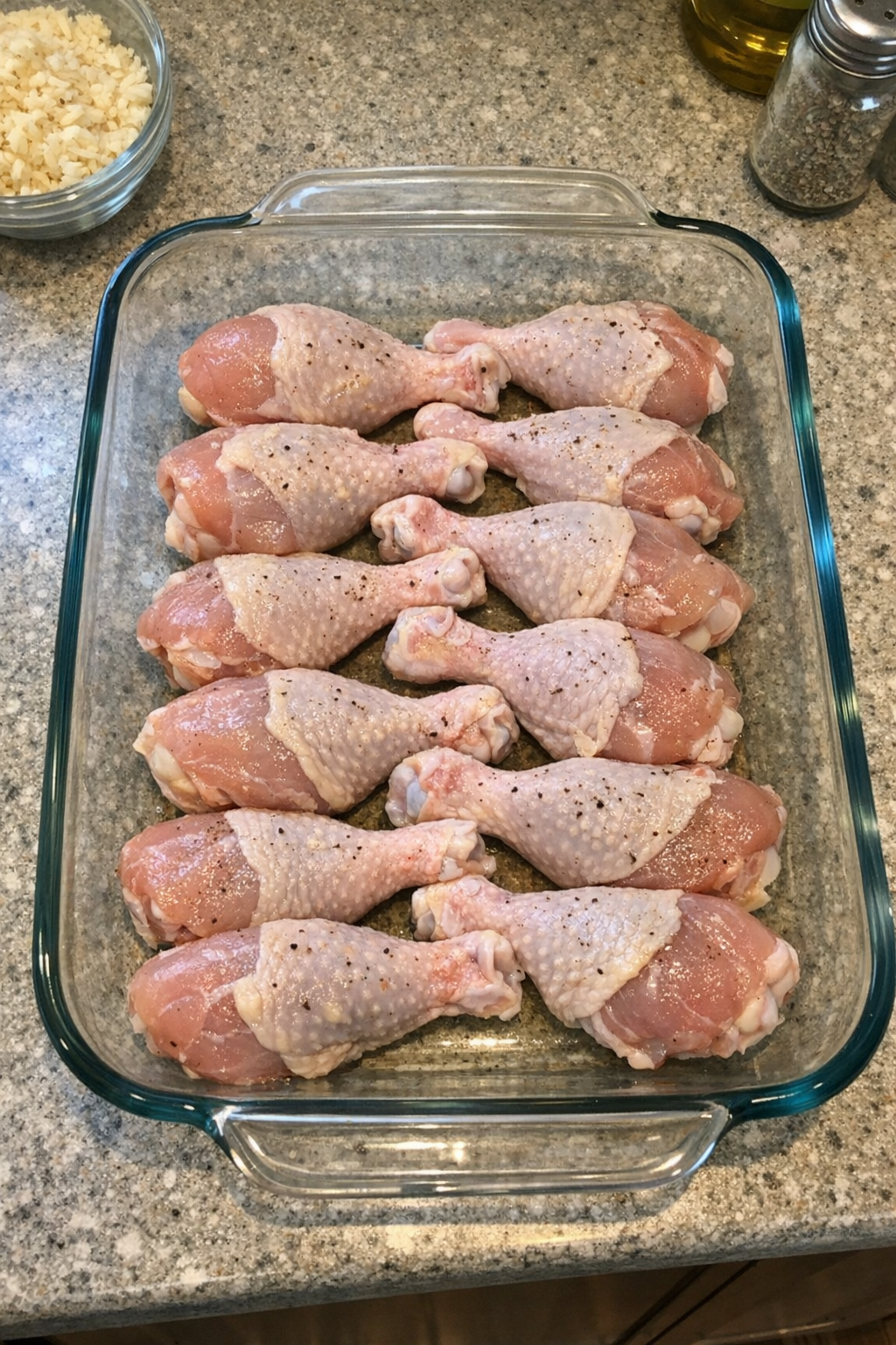 Raw chicken drumsticks arranged in a glass casserole dish