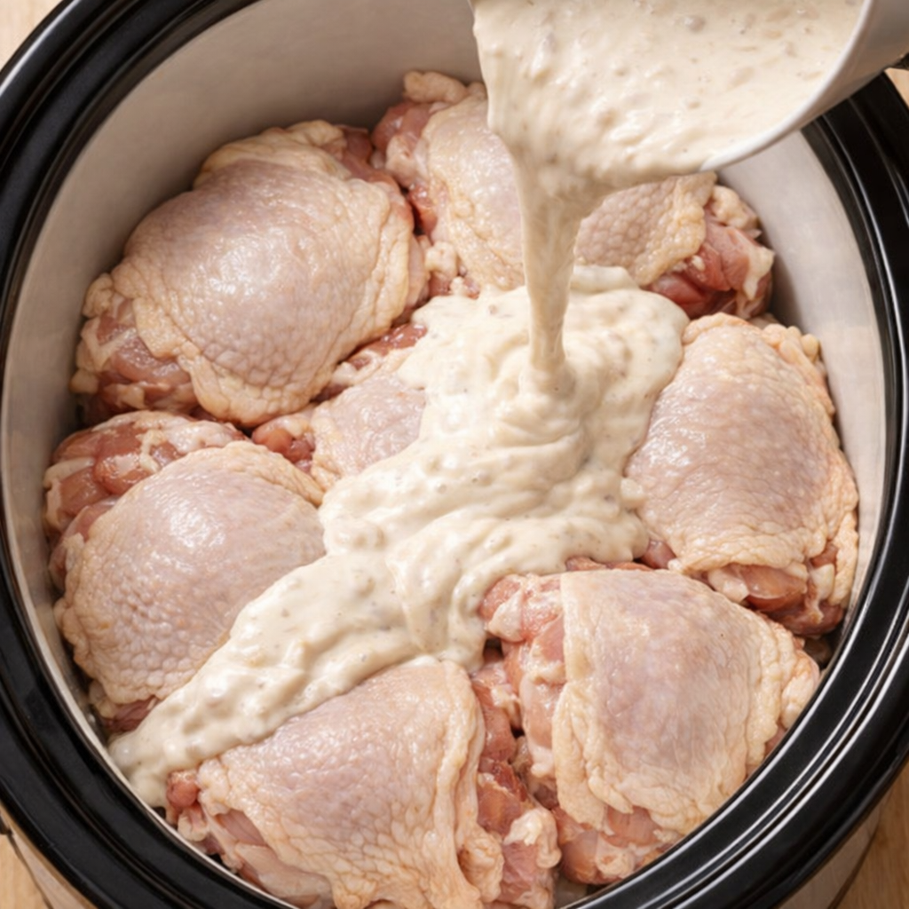 Chicken thighs arranged in a slow cooker before cooking