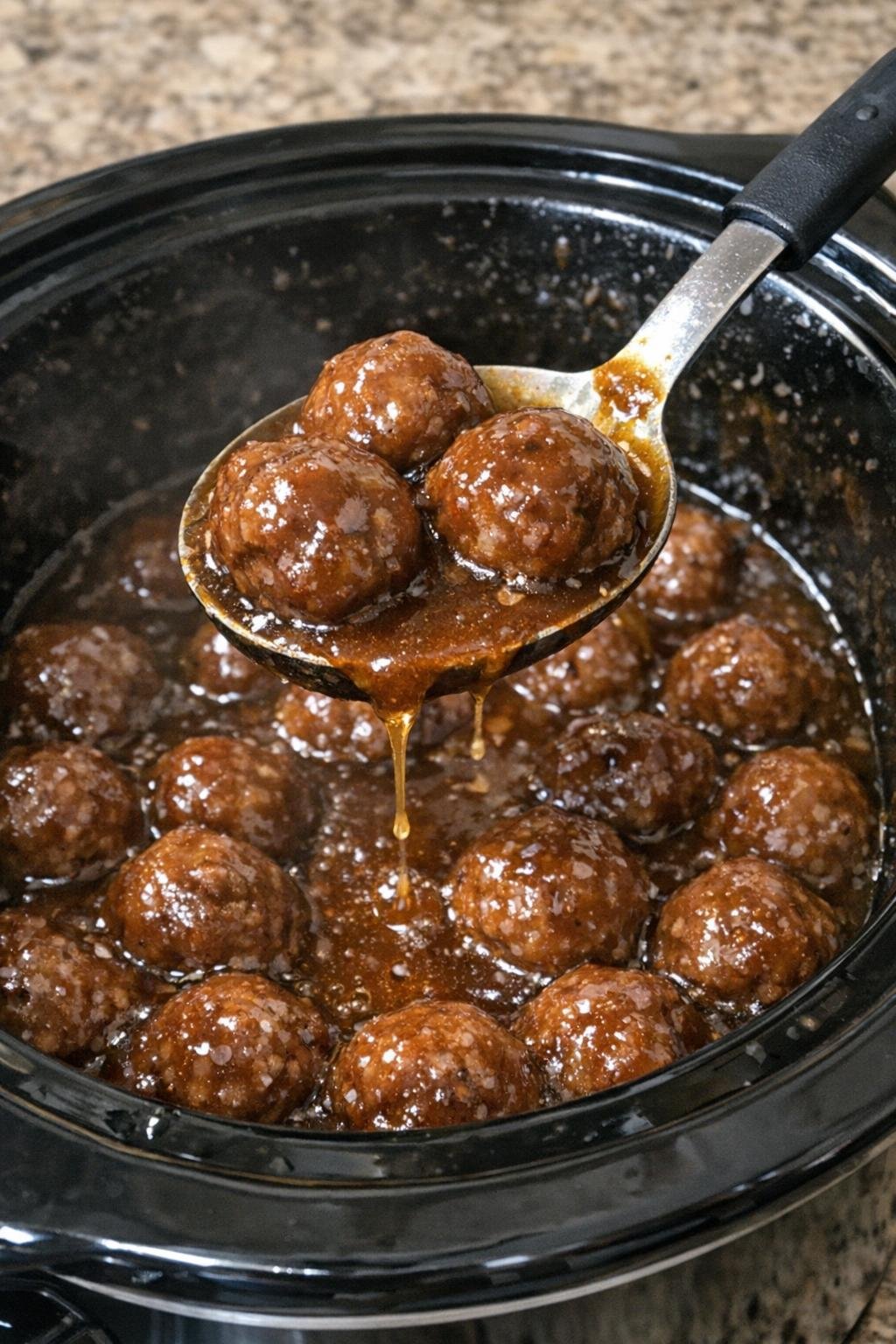 Beef meatballs in brown sauce in a slow cooker