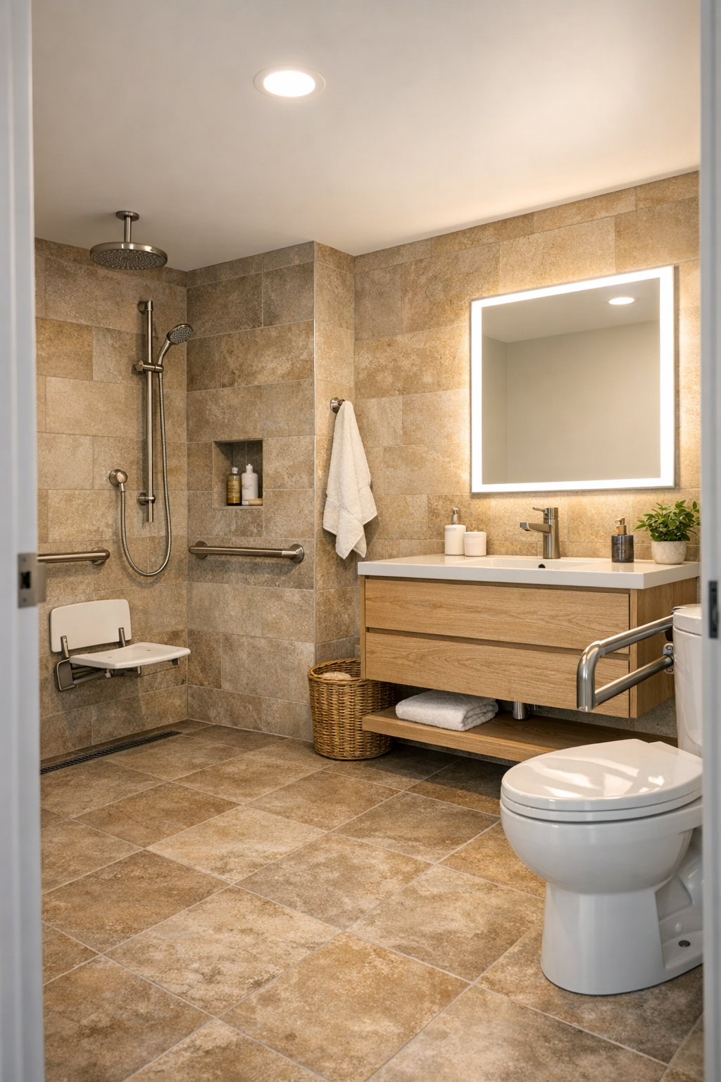 Accessible bathroom with curbless shower, warm stone tile, and light wood vanity