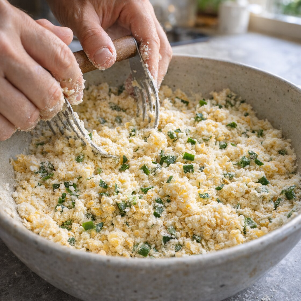 Crumbly shortbread dough being mixed in a bowl