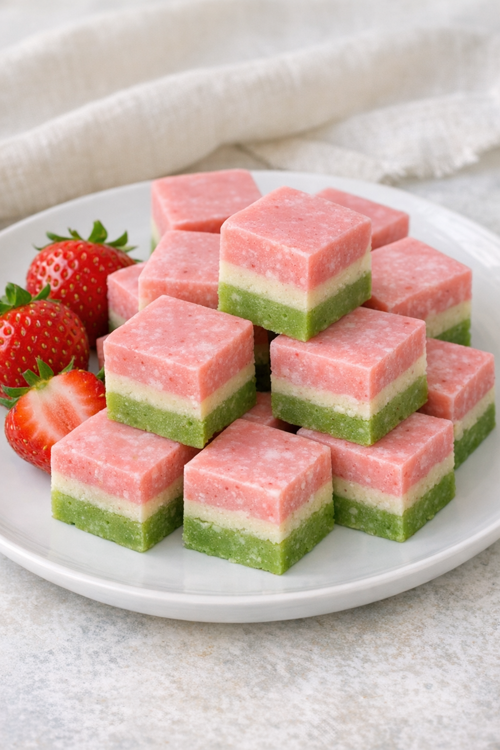 Plated strawberry matcha fudge squares with fresh strawberries