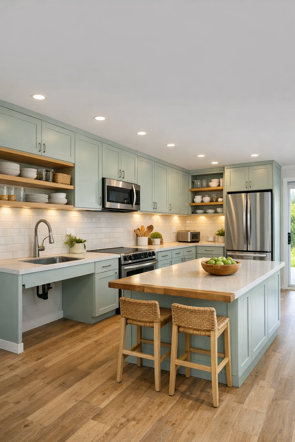 Accessible kitchen with pale cabinetry, warm counters, and bright natural light