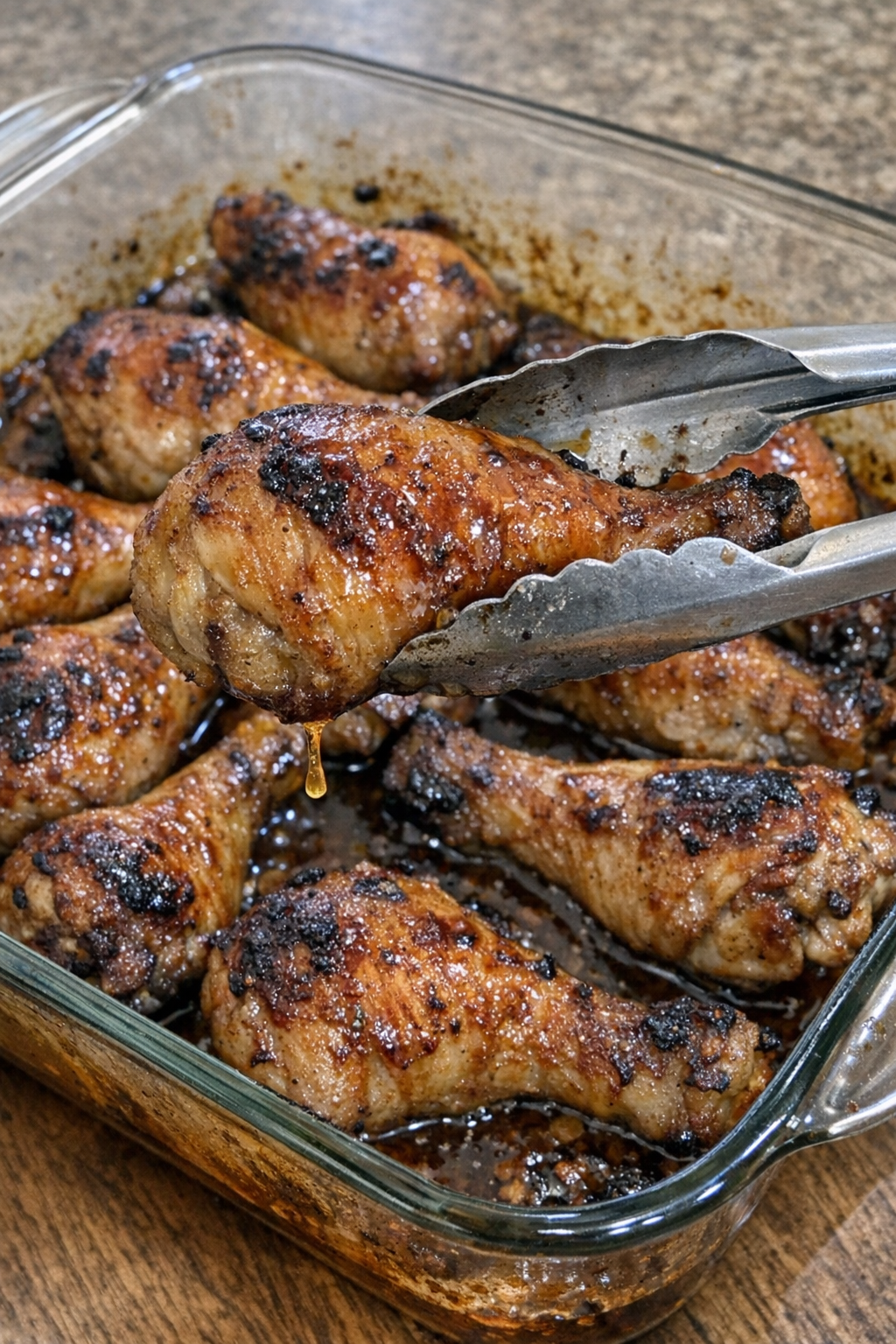 Glossy baked chicken drumsticks in a glass baking dish