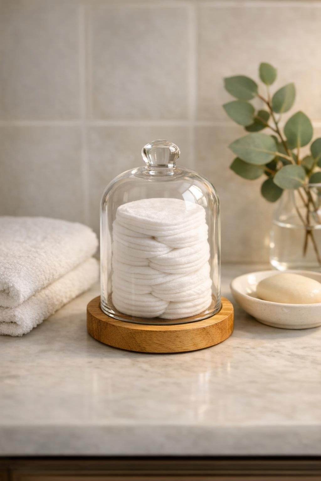 Finished bathroom cotton dispenser displayed on a vanity counter
