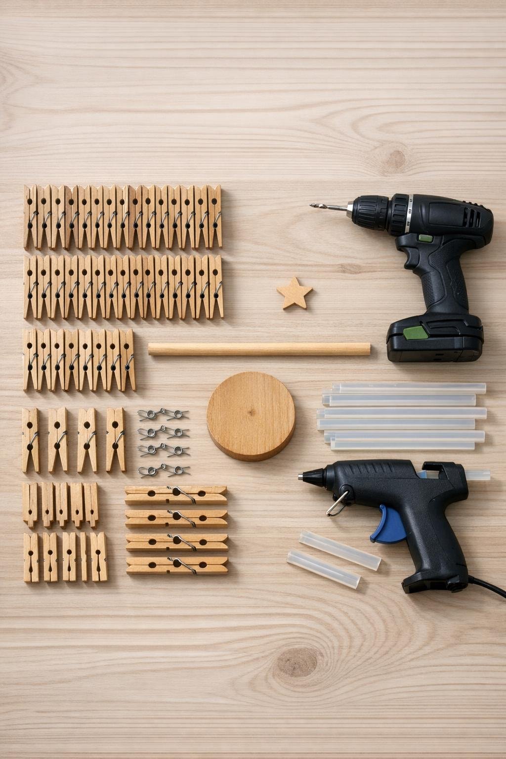 Materials for a clothespin tabletop tree laid out neatly