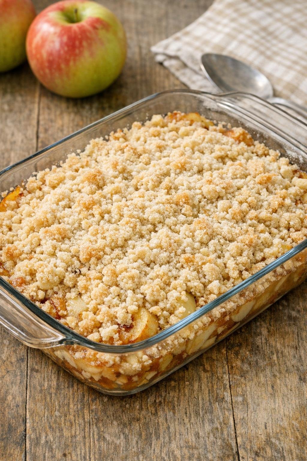Sugar and flour mixture covering sliced apples in the baking dish