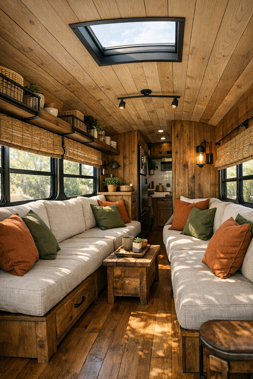 Rustic converted bus living room with built-in bench seating and warm wood finishes