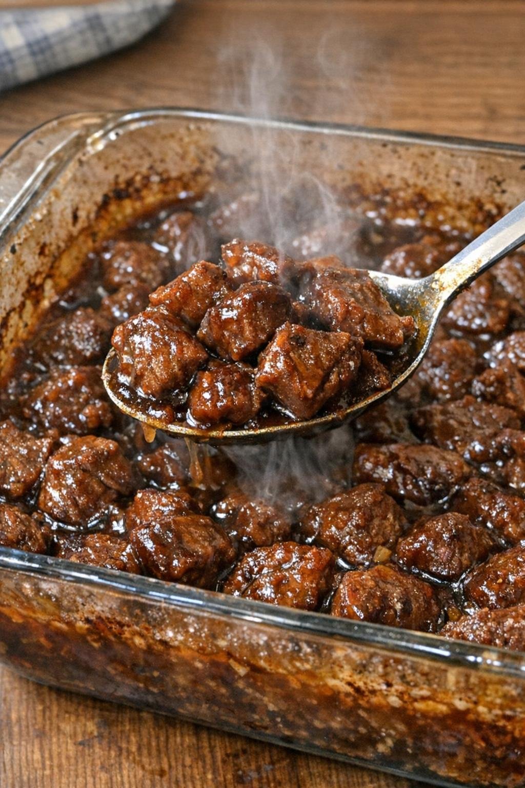 Tender savory beef bites in a glass casserole dish