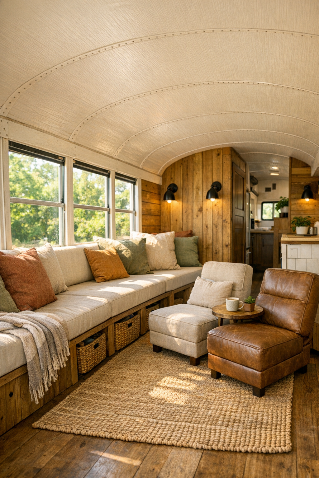Rustic bus living room with built-in bench seating, warm wood finishes, and bright windows