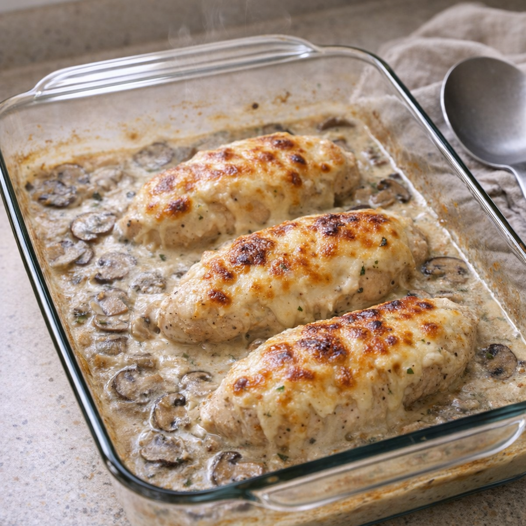 Bubbly Swiss chicken bake fresh from the oven