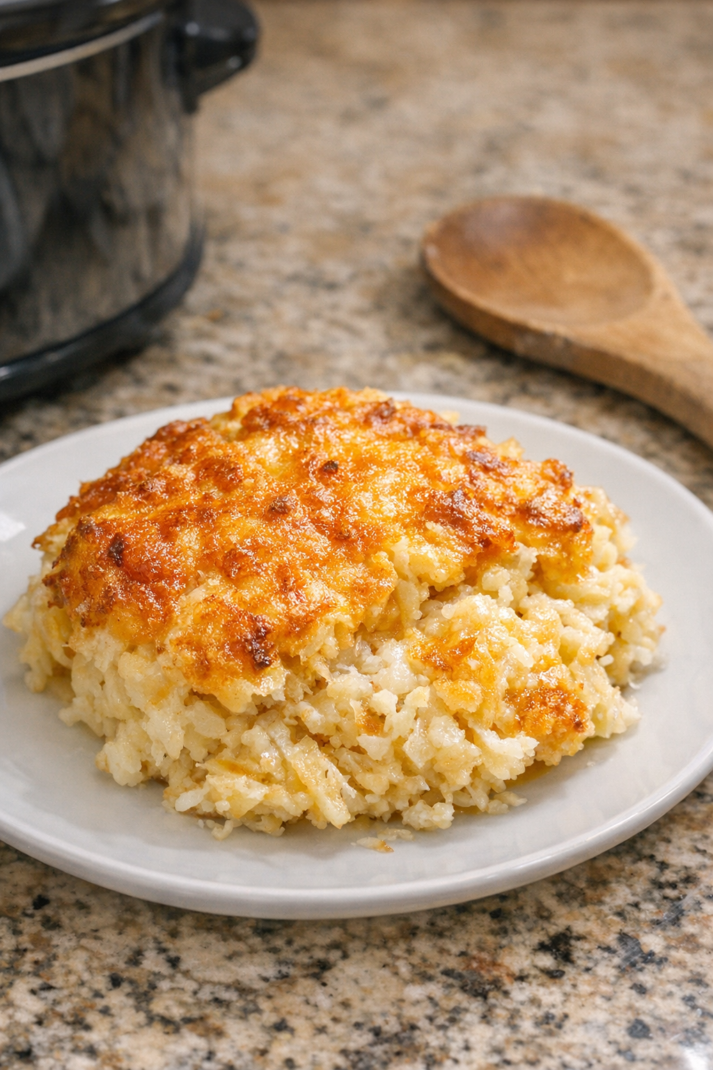Finished hash brown casserole served from slow cooker