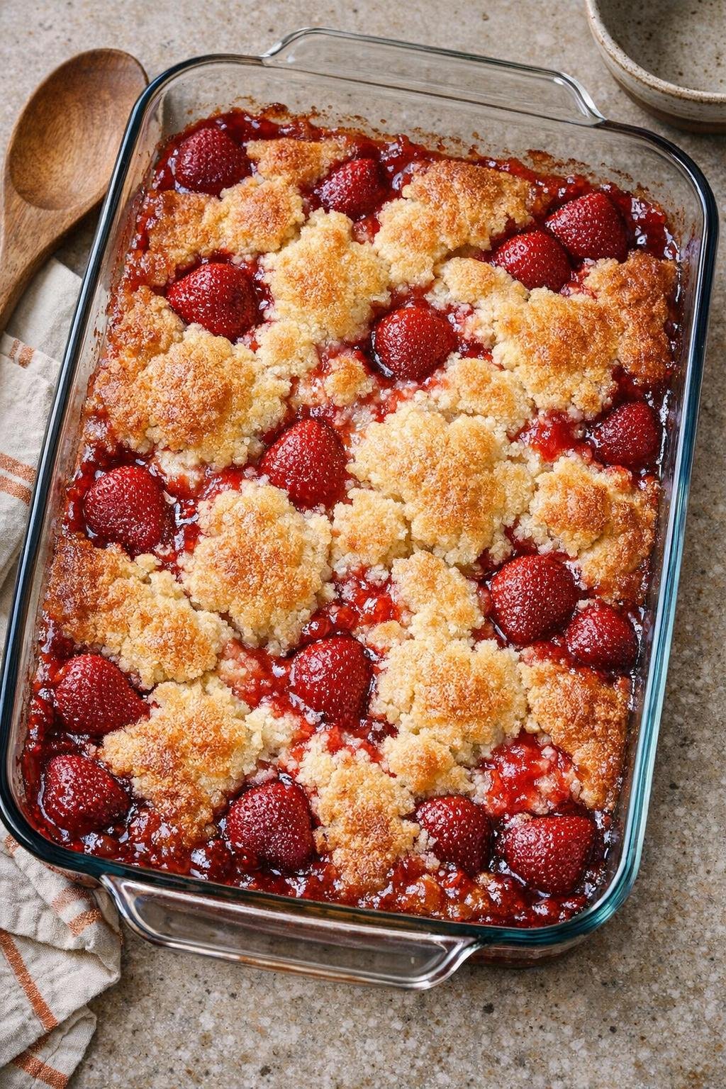 Baked strawberry dessert in a glass baking dish