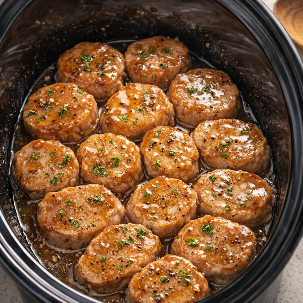 Slow cooker pork medallions in glossy champagne glaze