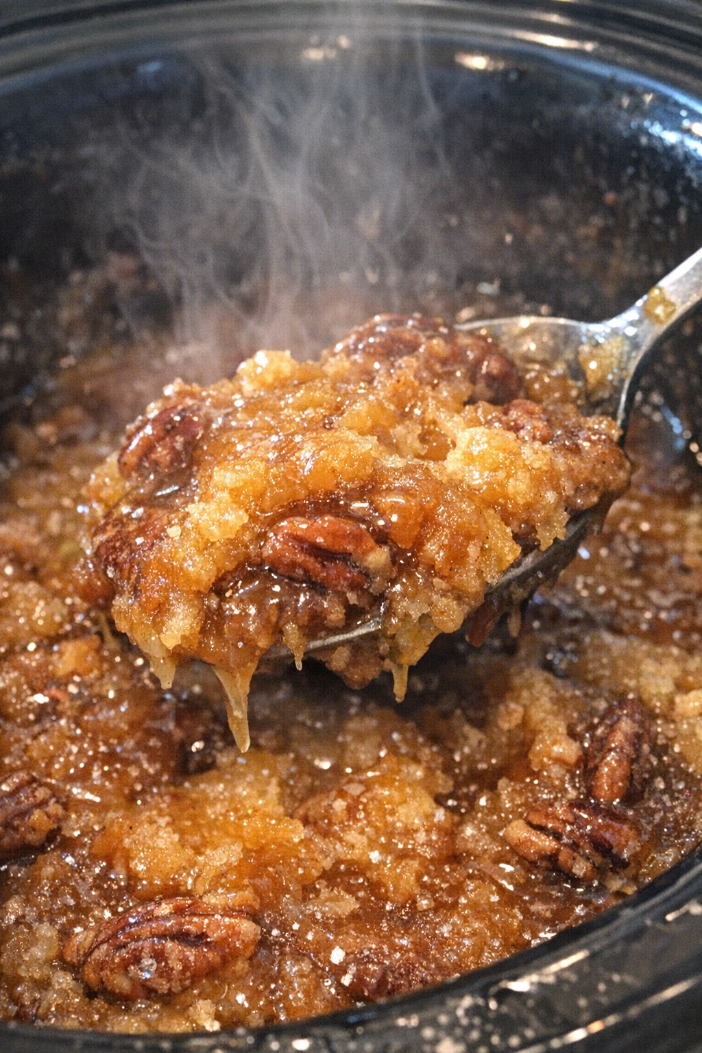 Finished butter pecan dump cake in the slow cooker