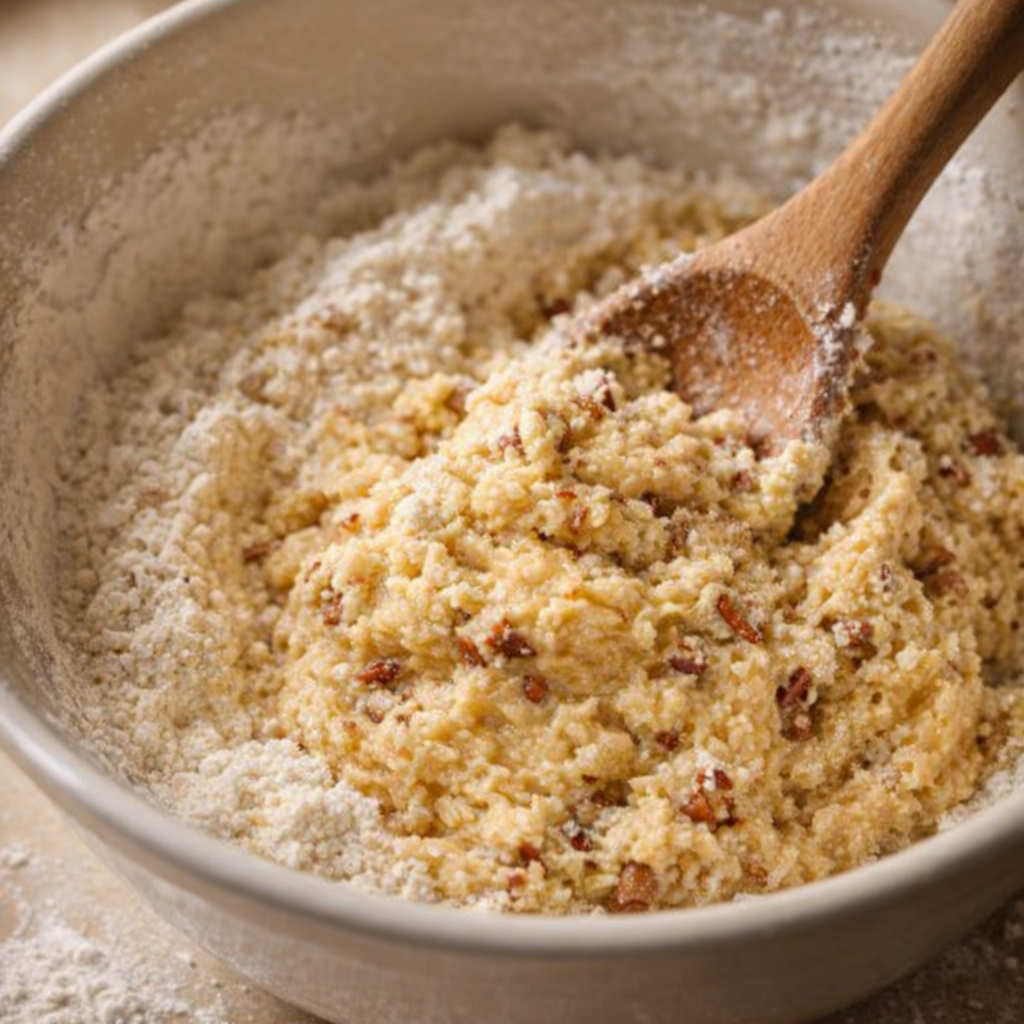 Cookie dough being mixed in a large bowl