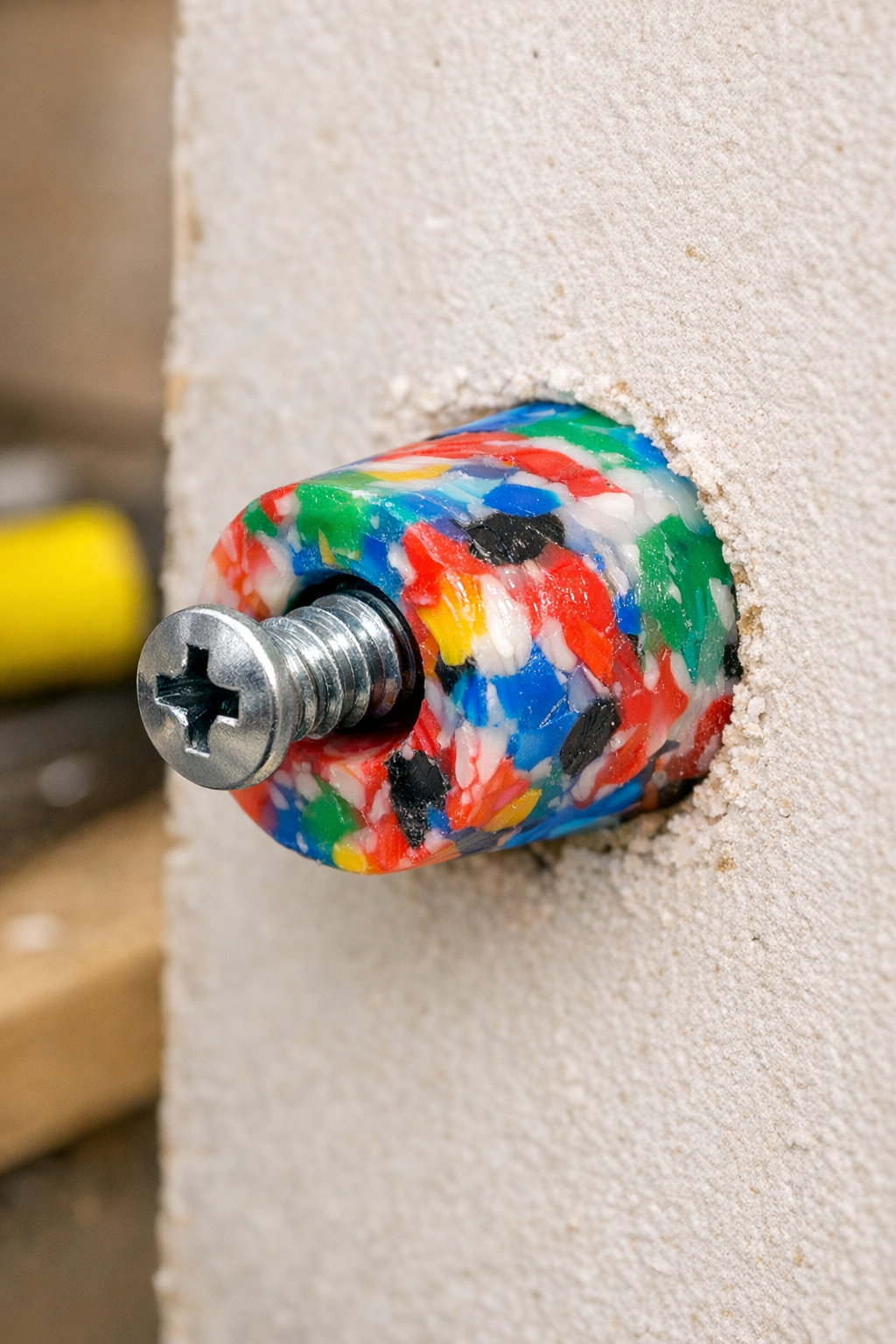 Finished homemade heavy-duty wall anchor installed in a wall with screw secured