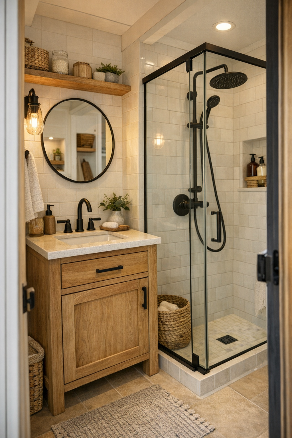 Tiny home bathroom with oak vanity, light tile, glass shower, and warm handcrafted details
