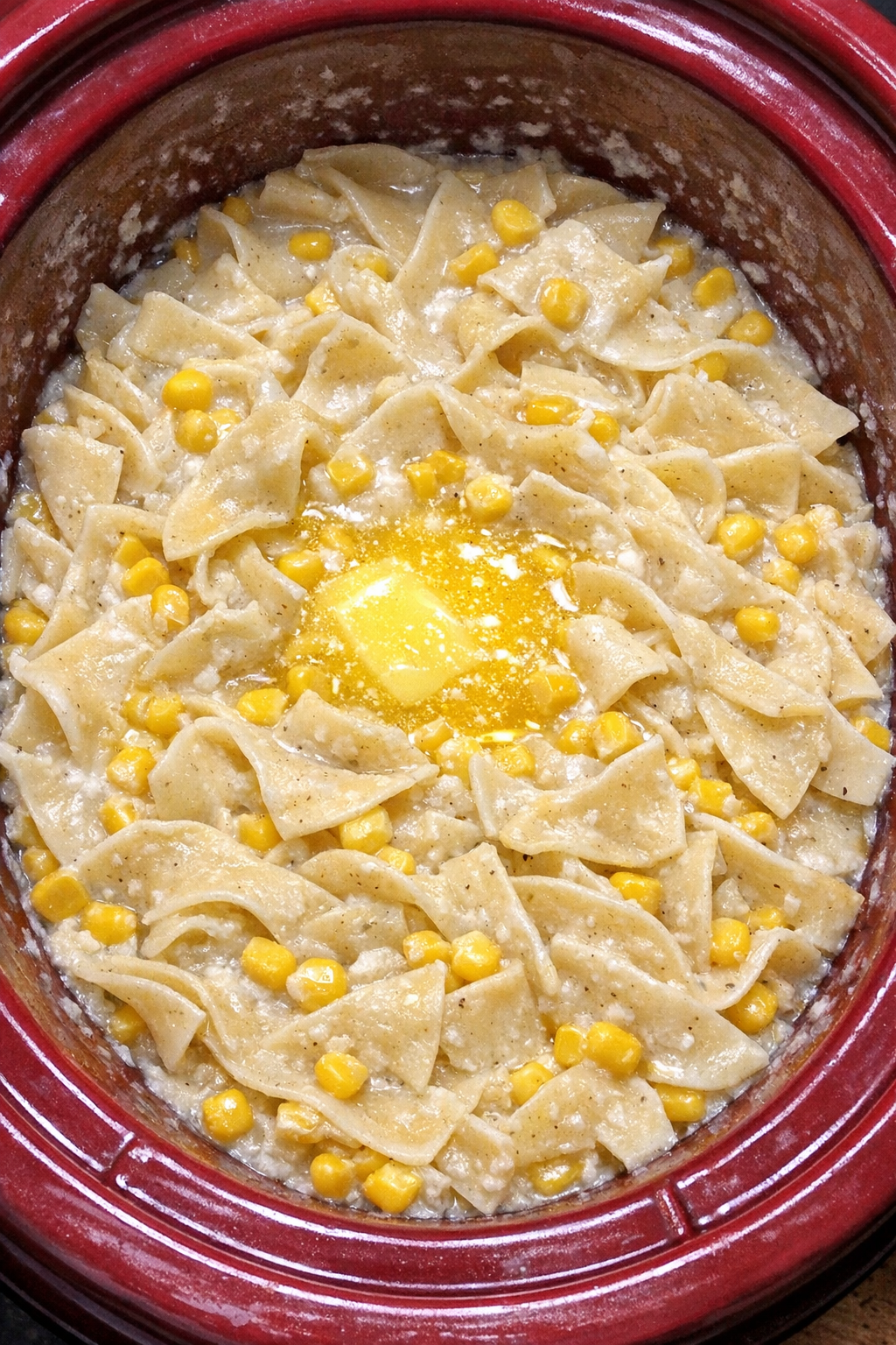 Slow cooker Amish corn cream noodles in a red slow cooker
