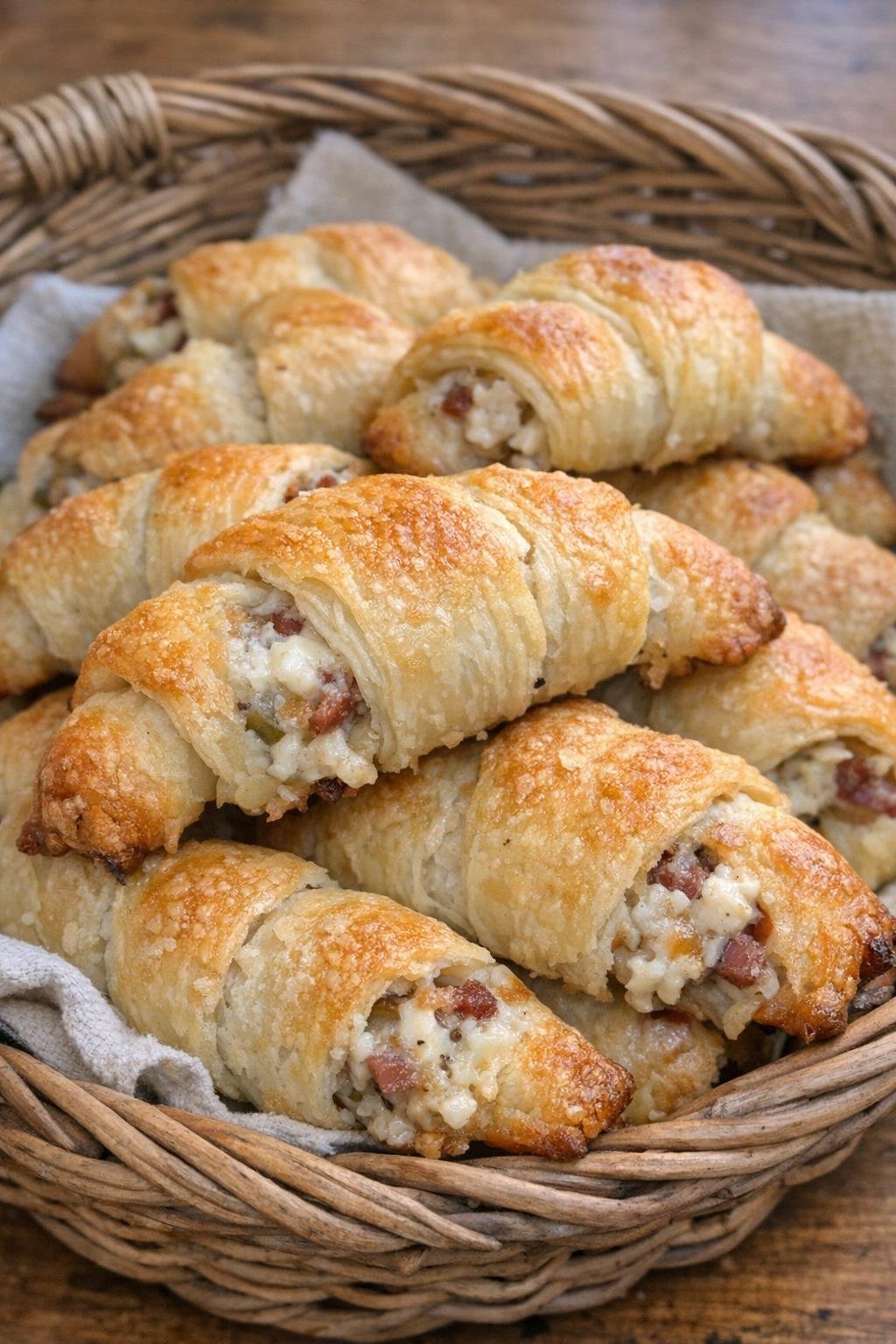 Golden flaky stuffed party crescents in a rustic basket