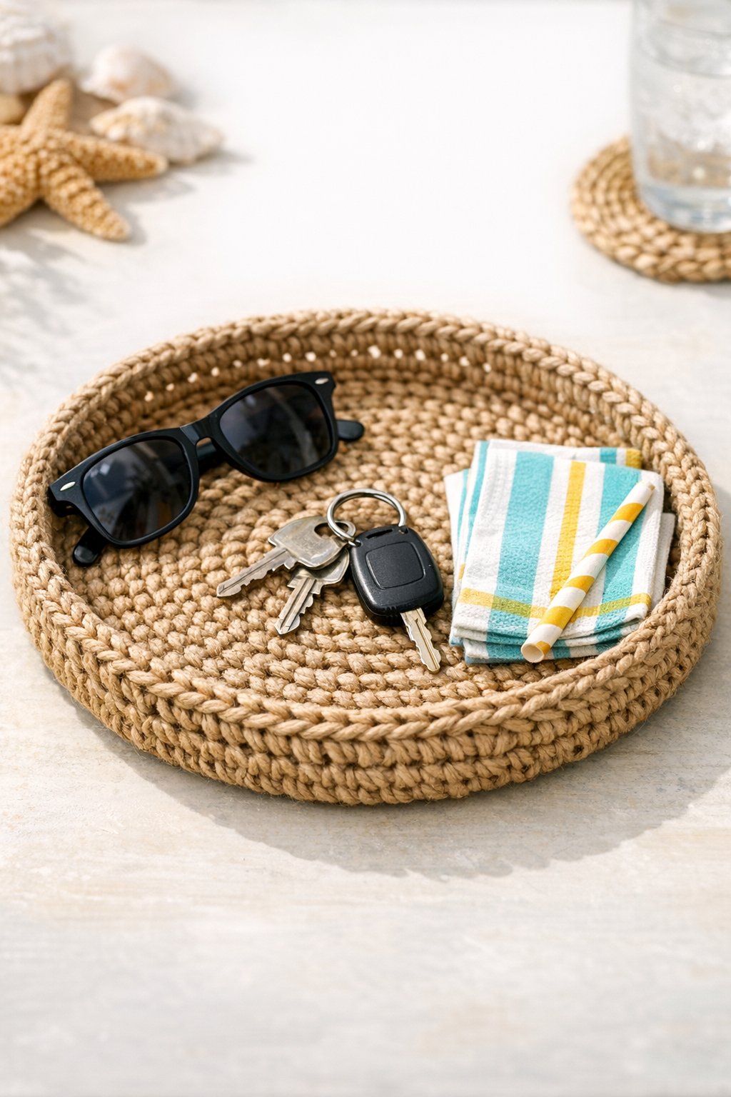 Finished crocheted jute catch-all tray made from a laundry basket bottom