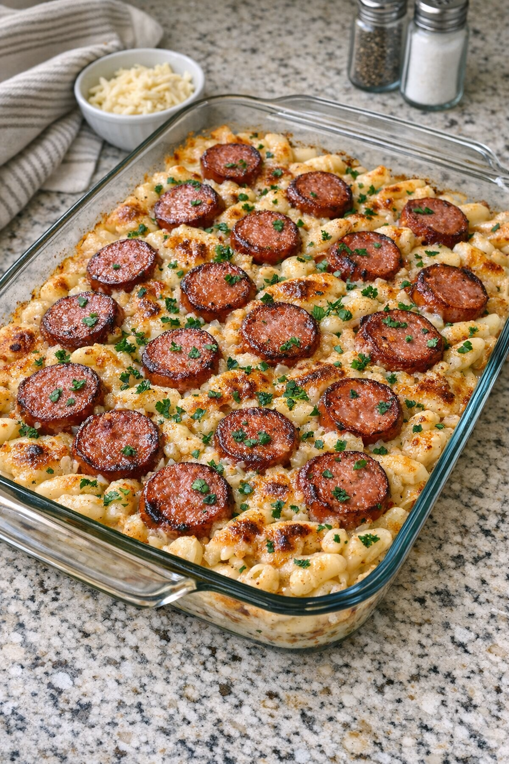 Finished kielbasa cavatelli casserole baked in a glass dish