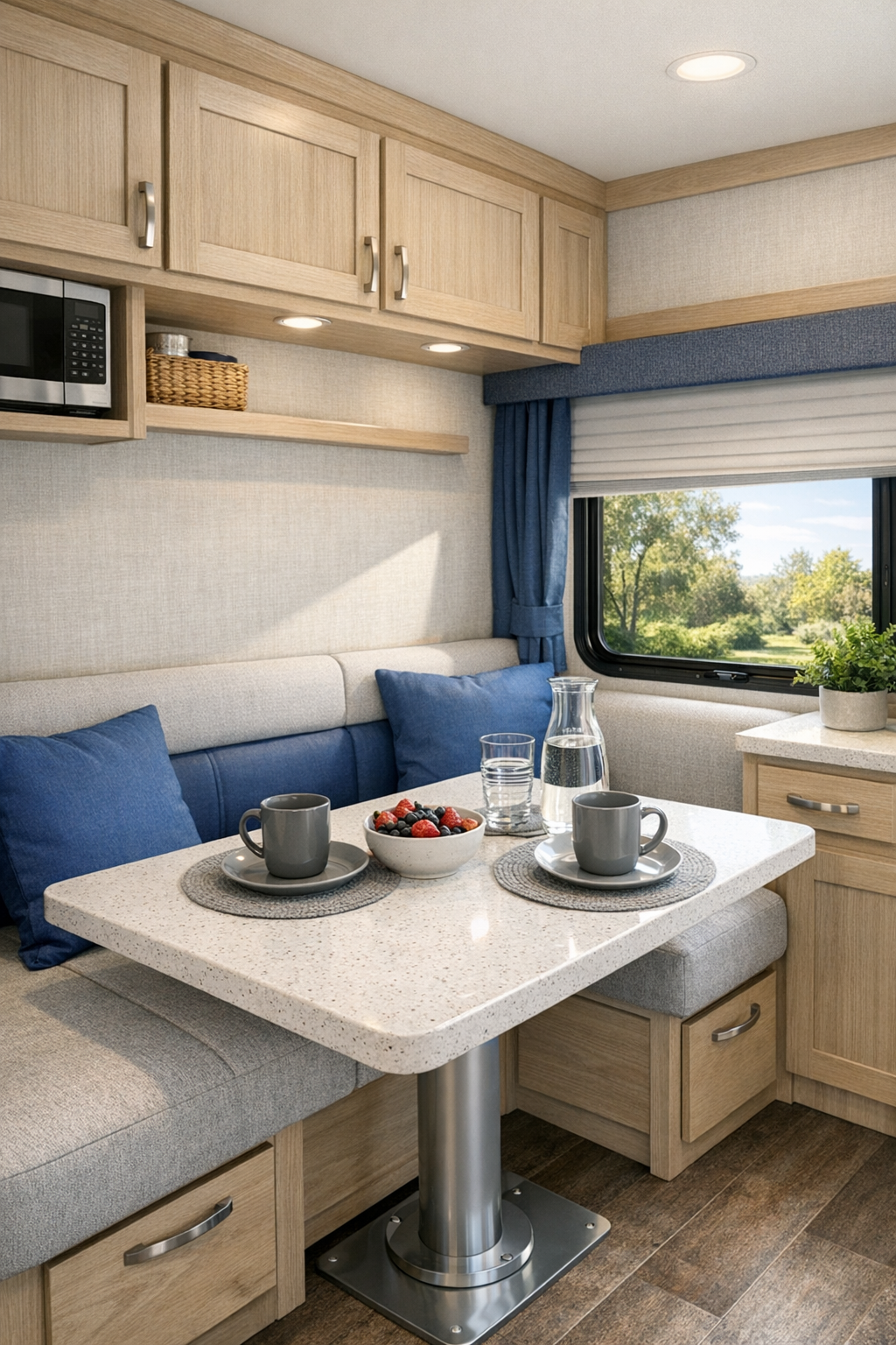 Compact RV dining area with a bright window-side table and upholstered seating