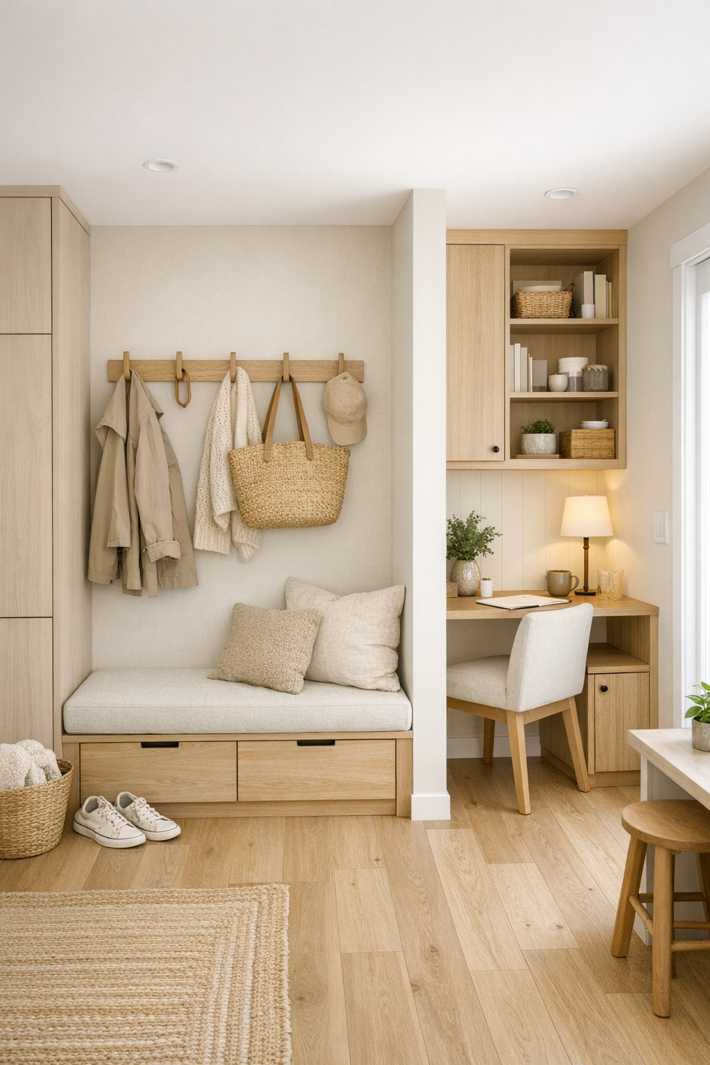 Tiny home entry and multipurpose area with built-in storage and soft neutral finishes