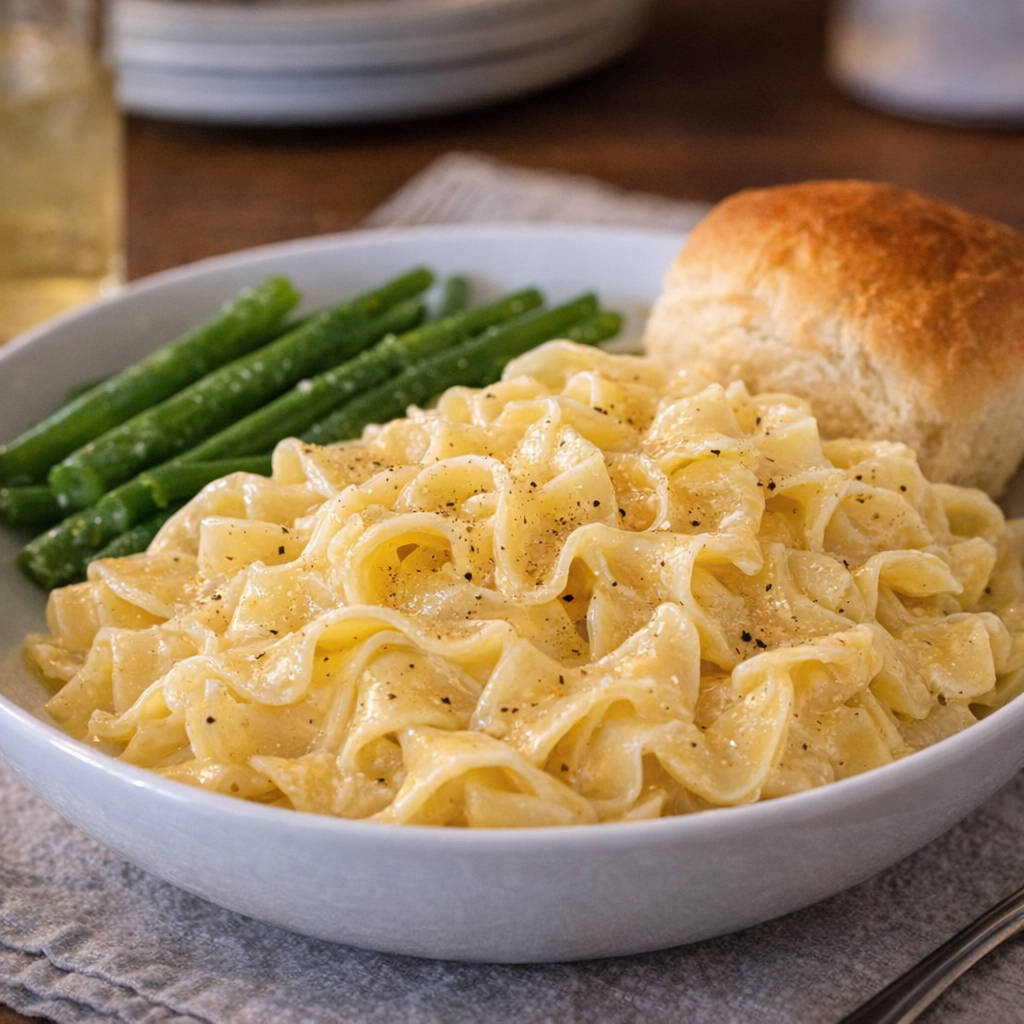 Bowl of butter noodles with dinner rolls and green beans