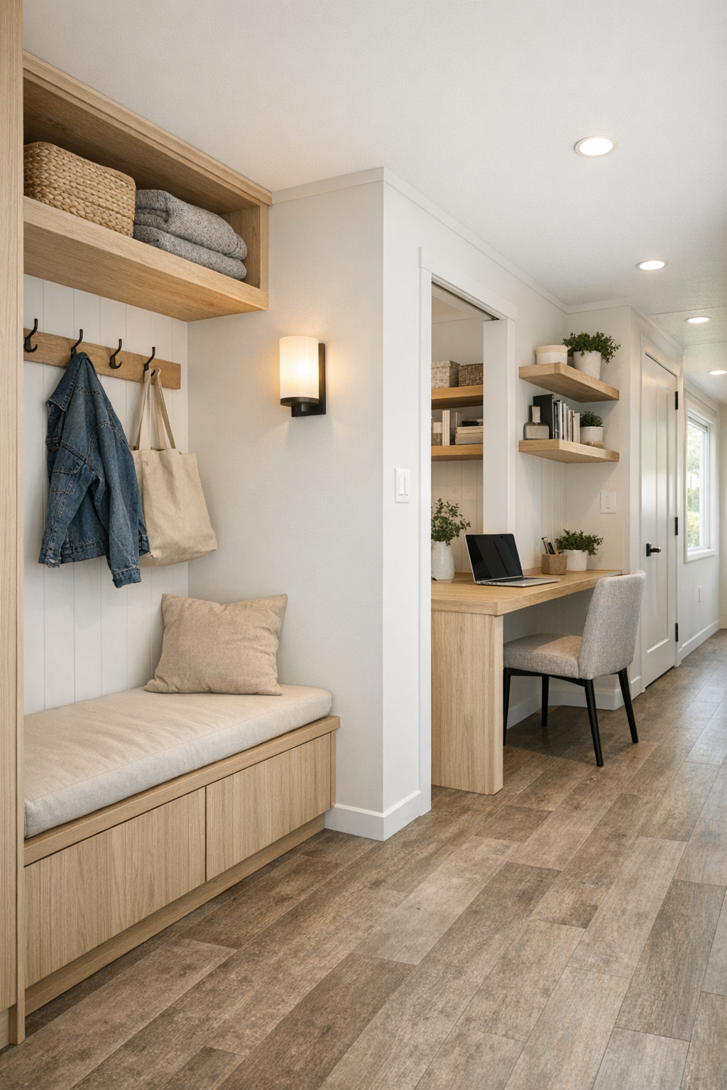 Organized entry and flex area with built-in bench, storage, and small desk
