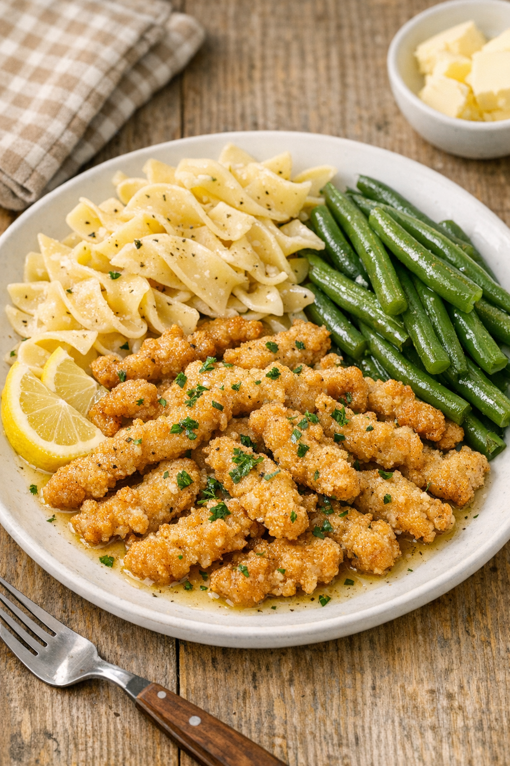 Finished slow cooker clam strips plated with sides