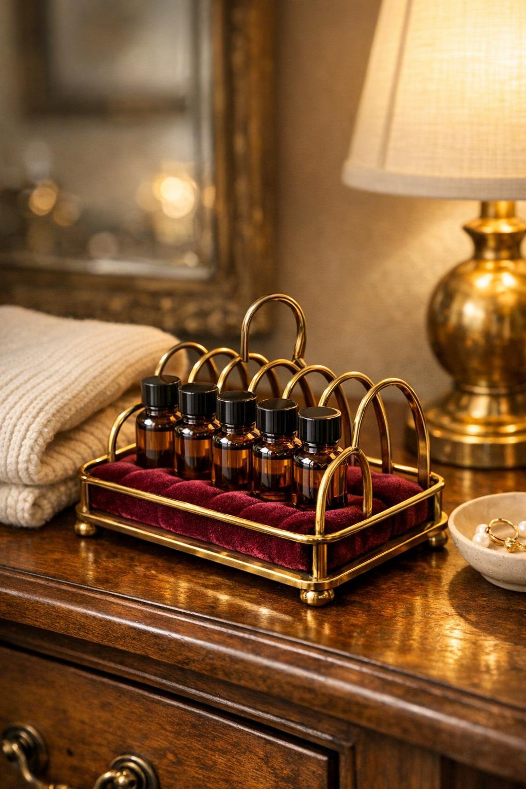 Finished bedroom perfume tray made from a vintage brass toast rack with small amber bottles on burgundy velvet