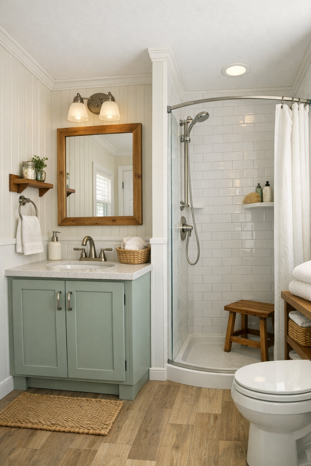 Fresh cottage bathroom with beadboard details, a painted vanity, and bright tile