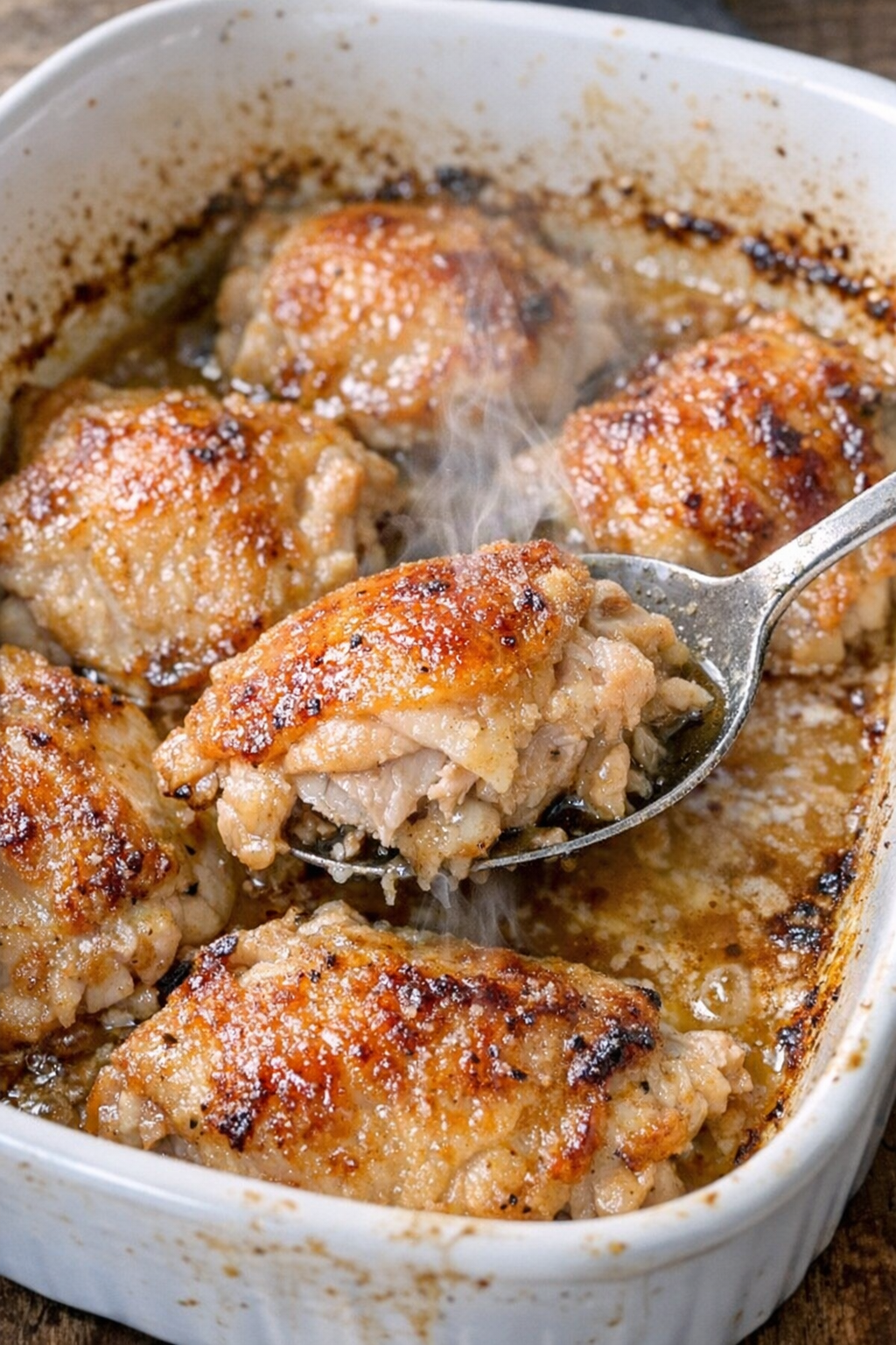 Tender golden baked chicken in a casserole dish