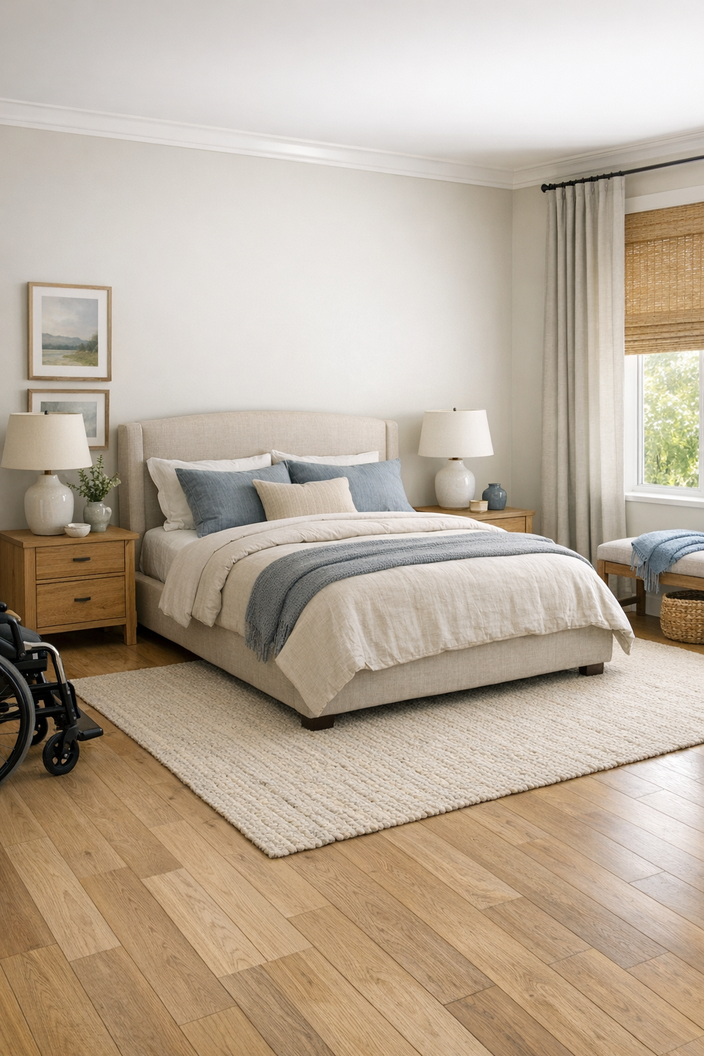Serene bedroom with linen bed, oak nightstands, and soft blue-gray accents