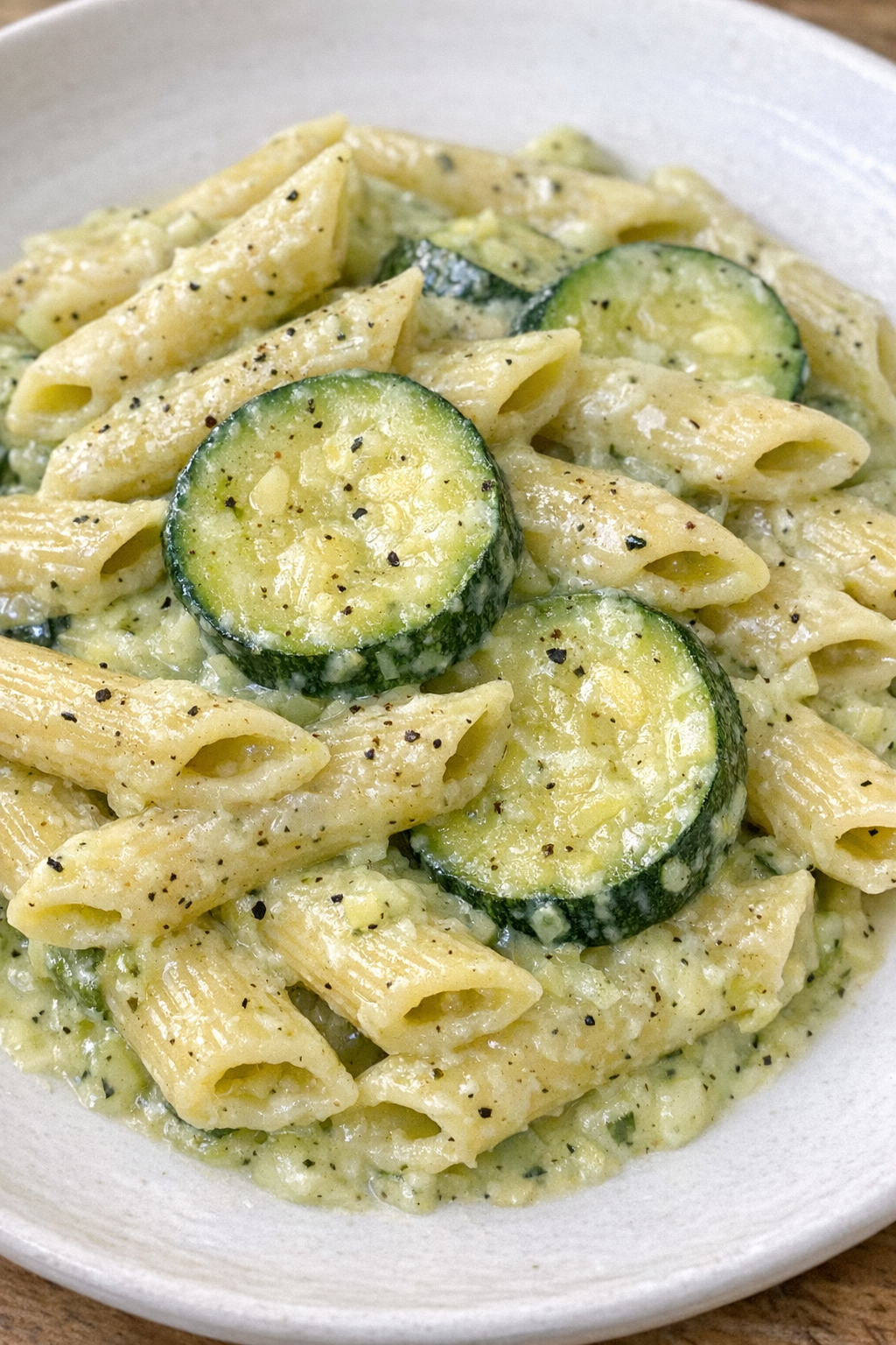 Creamy zucchini pasta on a white plate