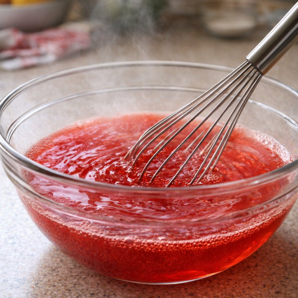 Gelatin mixture being whisked in a mixing bowl