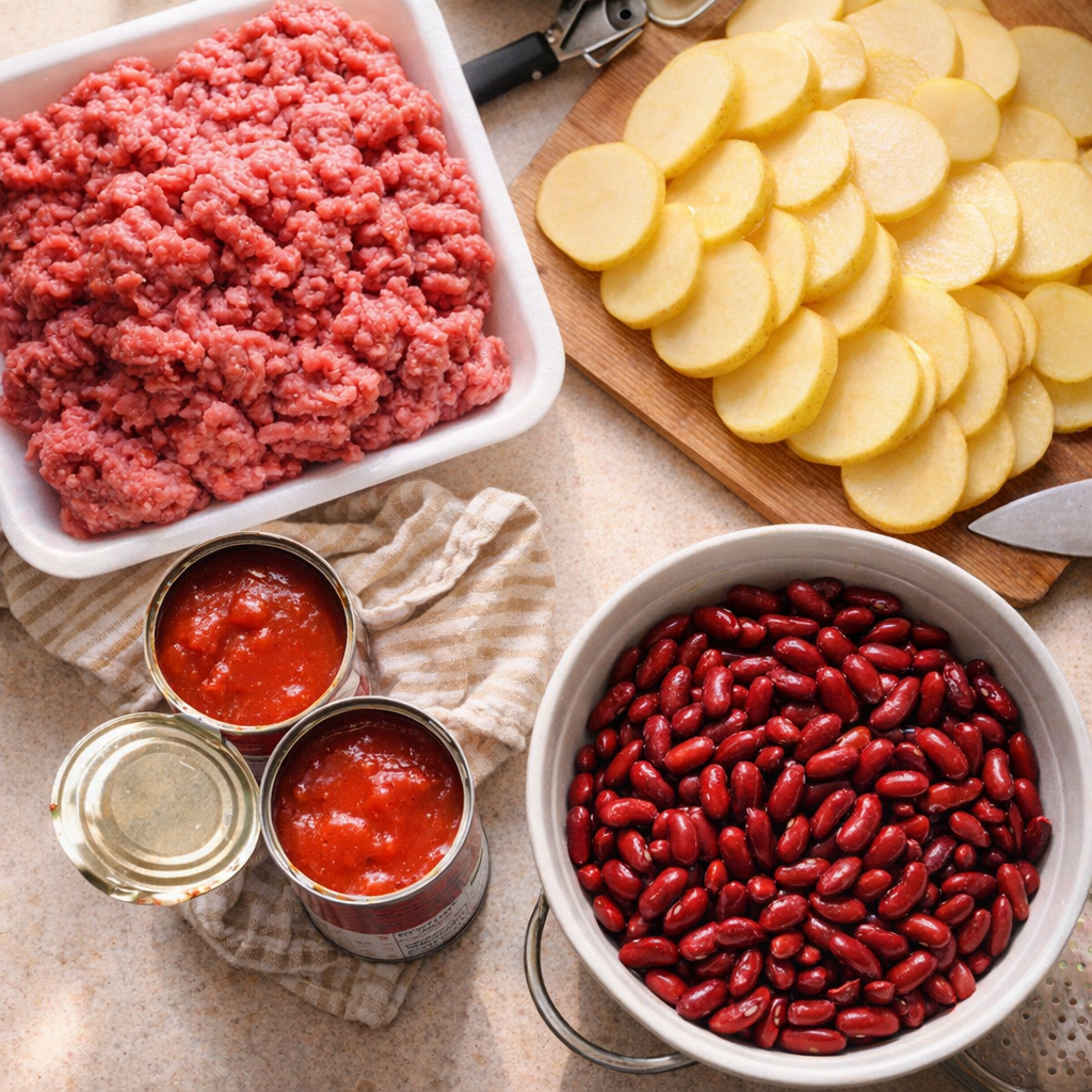 Ingredients for shipwreck casserole laid out on a kitchen counter