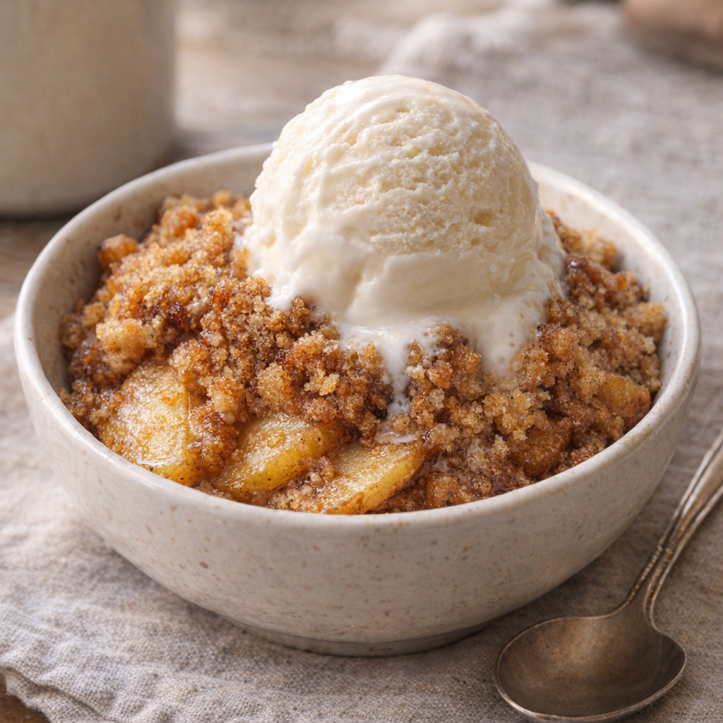Bowl of apple brown betty topped with vanilla ice cream