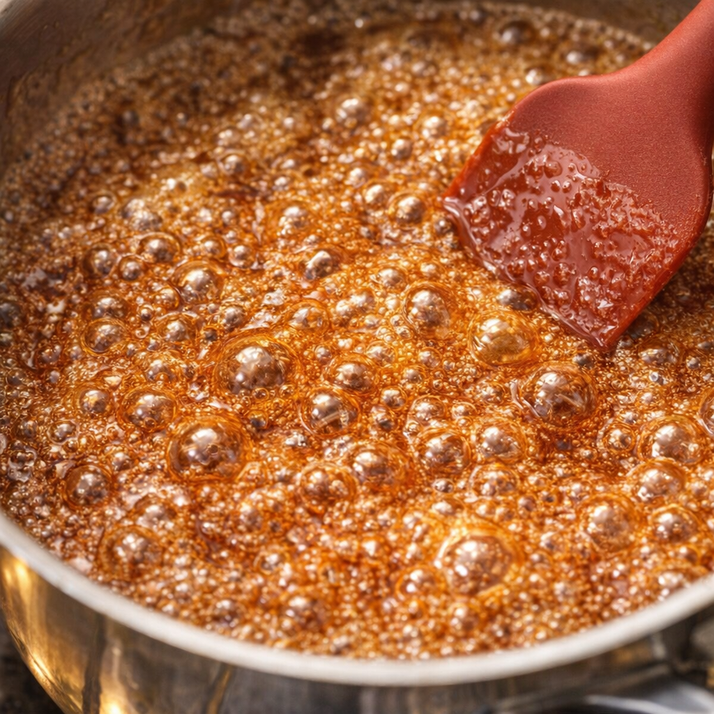 Brown sugar caramel bubbling in a saucepan