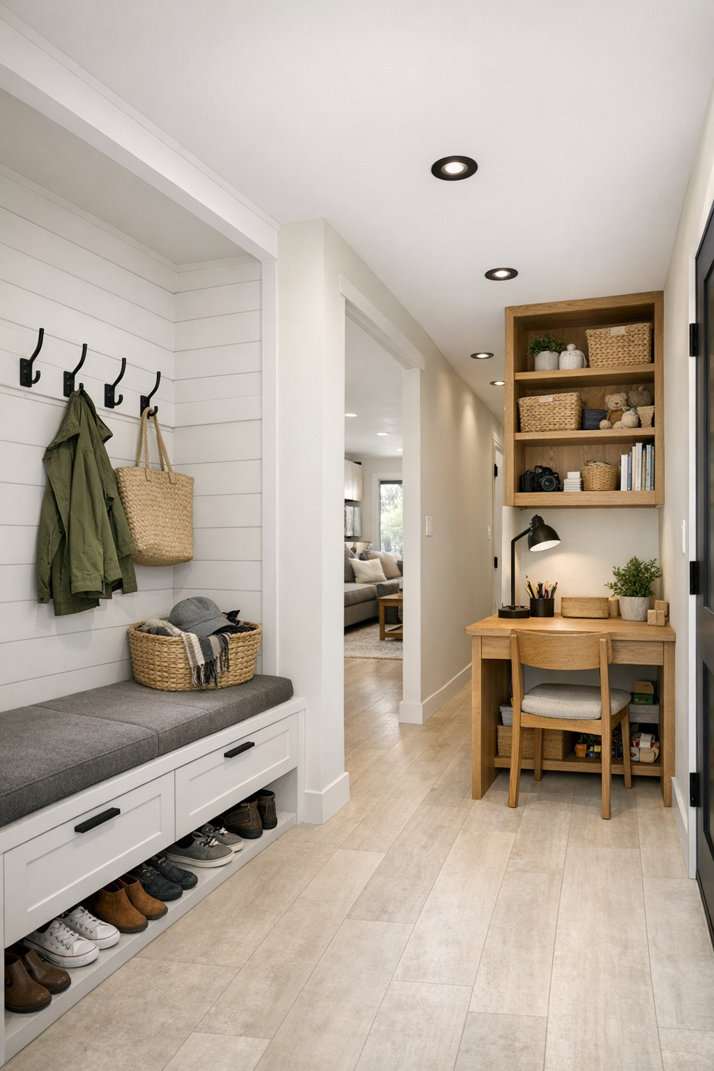 Functional secondary space with built-in entry storage, wide hallway, and small oak work nook