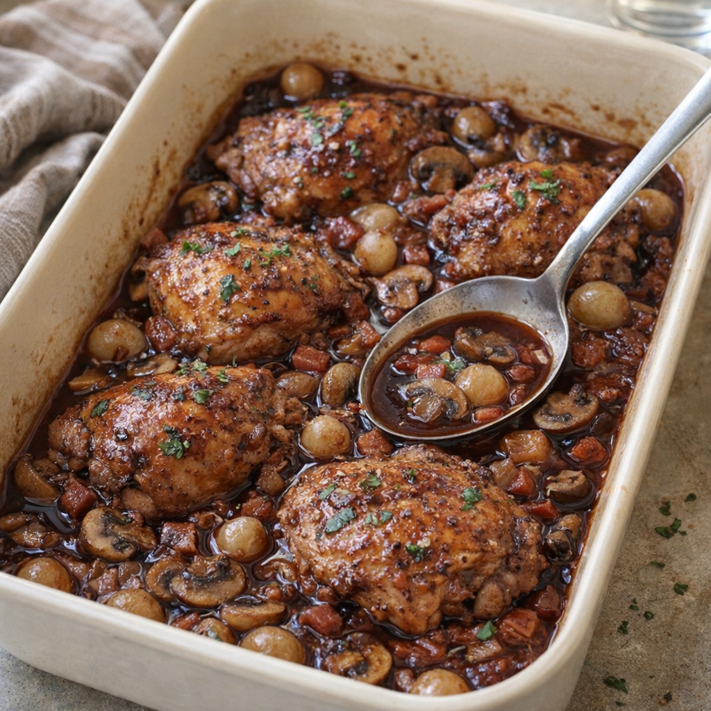 Baked chicken cosmopolitan in a cream-colored dish