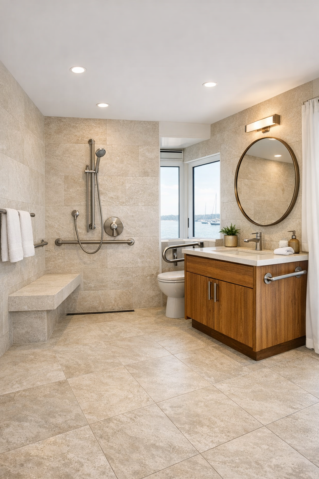 Elegant accessible bathroom with a curbless shower, pale stone tile, and warm wood vanity