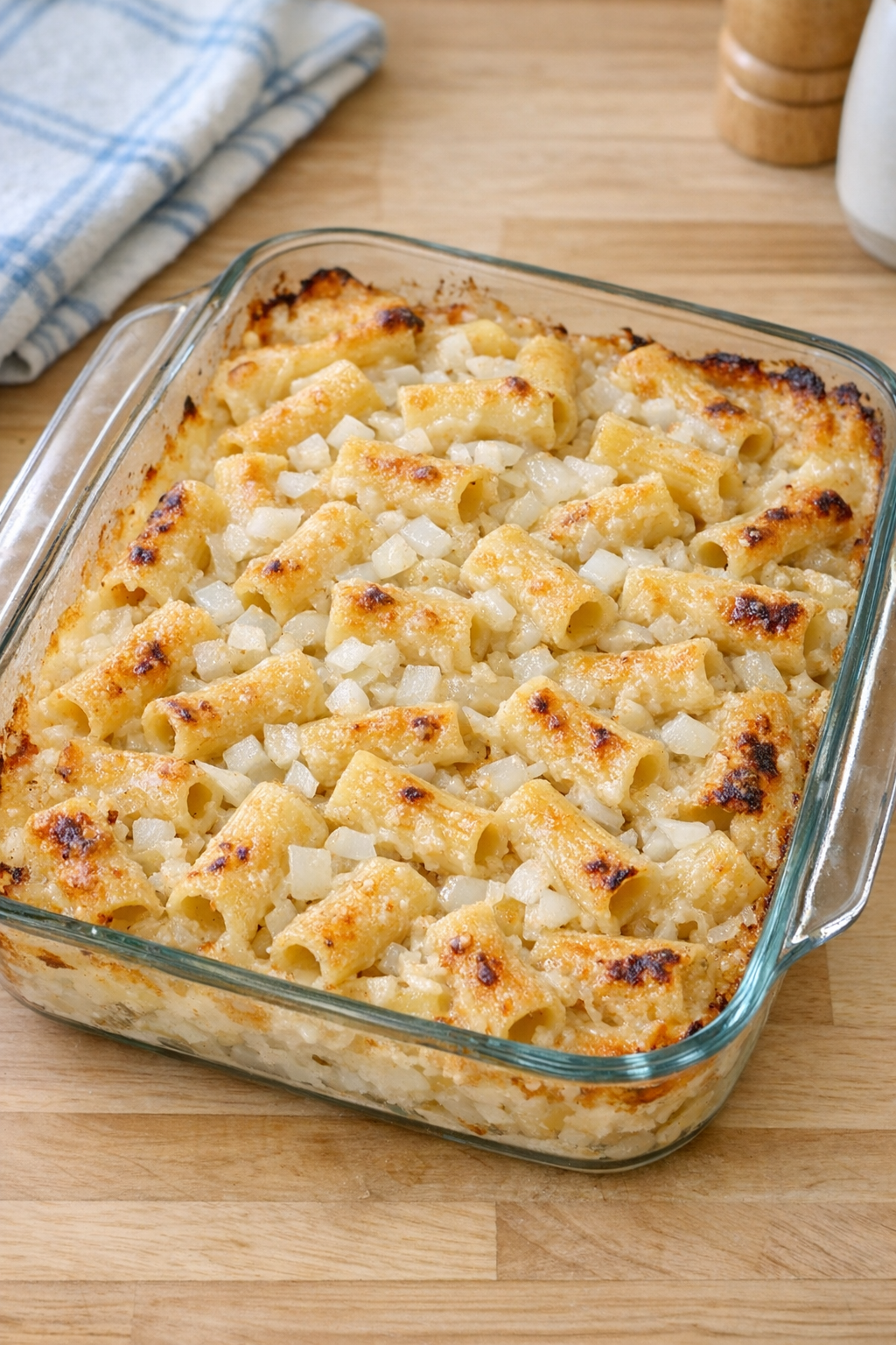 Finished baked white onion rigatoni in a glass baking dish