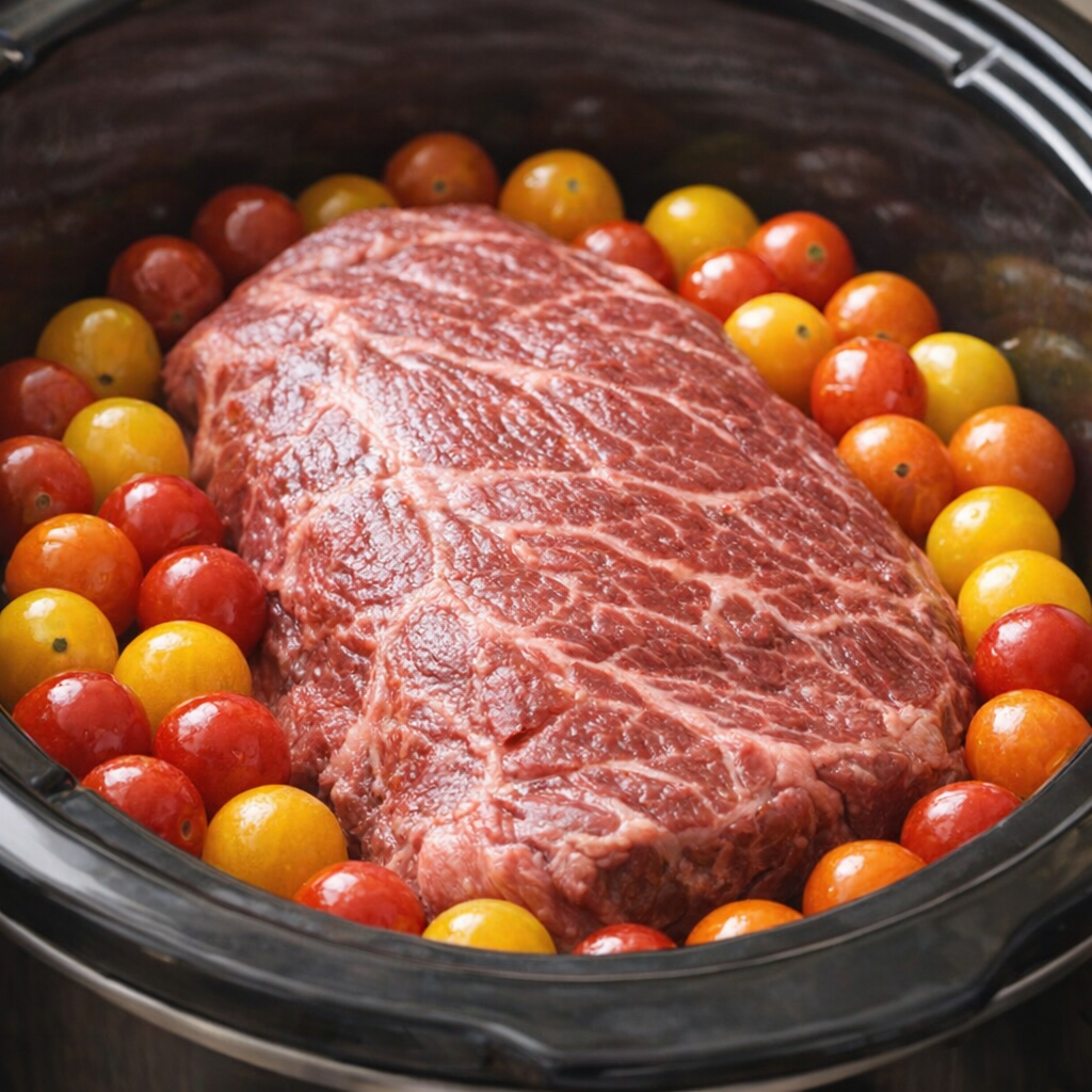Cherry tomatoes scattered around steak in slow cooker