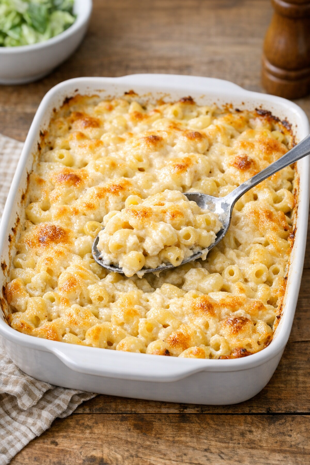 Finished baked Amish sour cream macaroni in a casserole dish