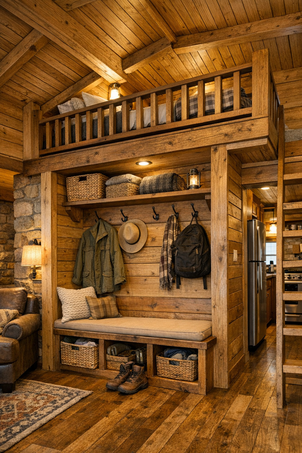 Cabin entry and loft area with built-in bench, storage hooks, and warm wood finishes