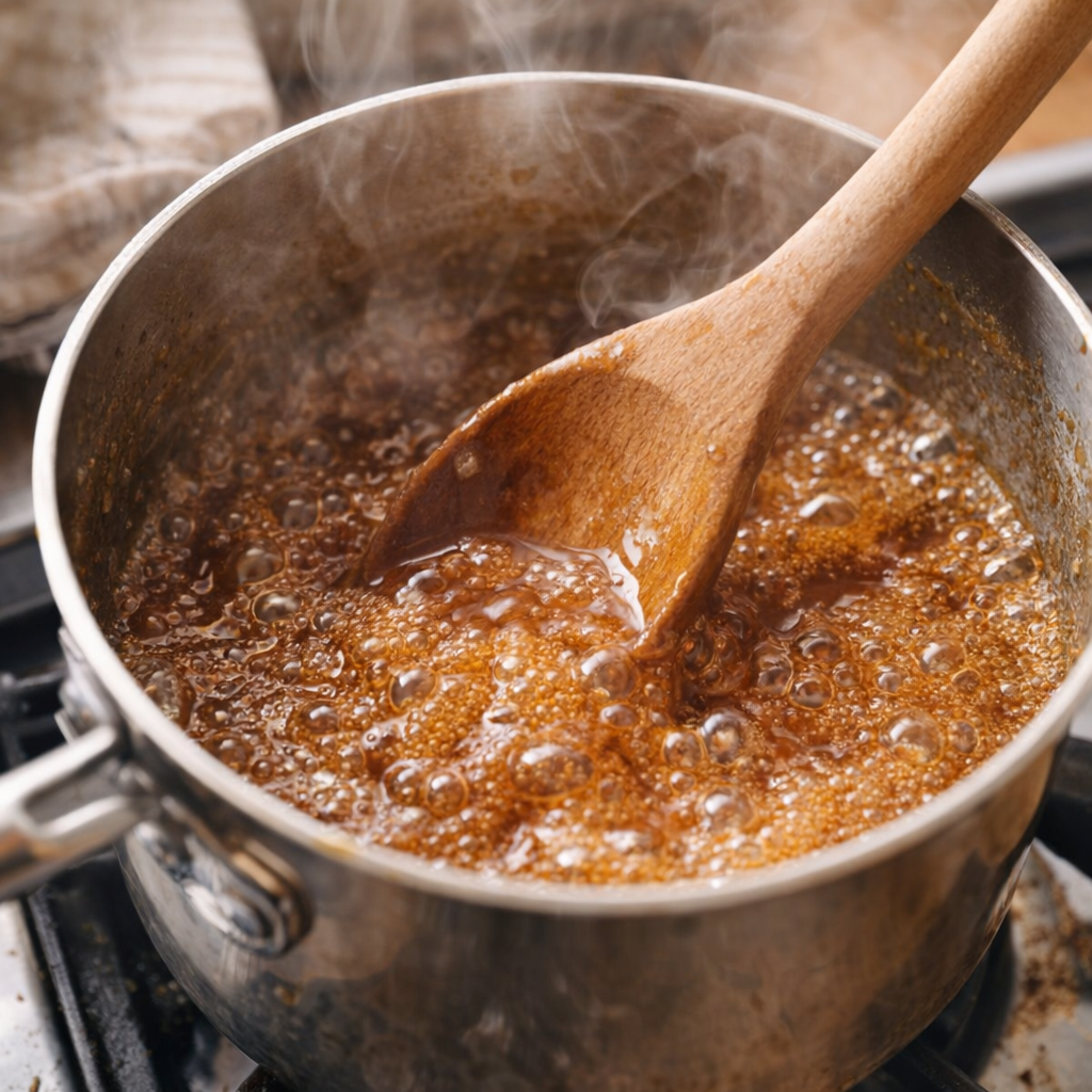 Butter and brown sugar caramel bubbling in a saucepan